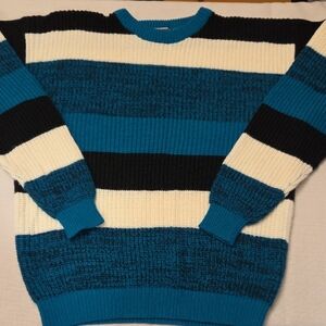 Vintage Sweater Graphics Crewneck Striped Sweater Teal Black White Large